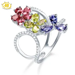 結婚指輪Hutang Engagement Rings 2.51 Carats Natural Multi Gemstone Garnet Peridot 925 Sterling Silver Ring Flower Fine Jewelry Gift 231214