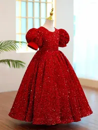 Mädchenkleider Rot Glitzer Pailletten Kurzarm Blumenkleid für Hochzeit Knöchellanges Kind Erstkommunion Geburtstagsfeier Ballkleider