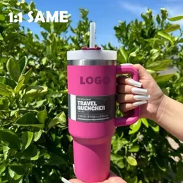 Med logotyp DHL Pink Dune Cream 40oz Mugs Tumblers med handtag isolerade tumlar lockar halm rostfritt stål kaffermins cup redo att skicka vattenflaskor i1215