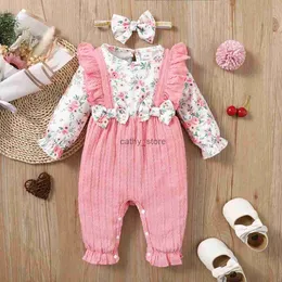 Rompers Baby Girl Fashion Romper Cute Floral Pattern Long Sleeve Bow Bodysuit Spring Autumn Jumpsuit for Infant Girl 0-18 MonthsL231114