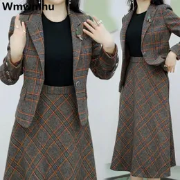 Vestido de dos piezas Faldas a cuadros elegantes 2 Set Slim Blazer Tops Aline Falda vintage Coreano Casual Chándal Primavera Otoño Mujeres Conjuntos 231214