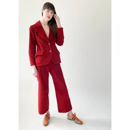 Ternos femininos blazers veludo terno de inverno 2 peças calças vermelhas conjuntos de mulheres estilo elegante único breasted lapela blazer roupas femininas 231214