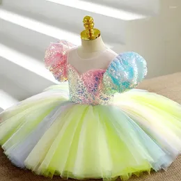 Girl Dresses Color Sequins Flower DressesO-Neck Puff Sleeve Ball Gown Birthday Gowns Princess Temperament Junior Bridesmaid