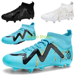 Kvinnor Mens Outdoor Football Boots High Top Soccer Shoes Youth Children's Ag Tf Anti Slip Training Shoes Blue White Black