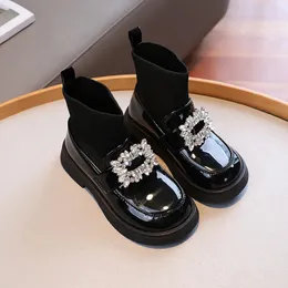 Flat shoes Girls Leather Shoes for School Party Soft Sole Kids Black Loafers Children Flats Fashion Sock Shoes British Style Short Boots 231215