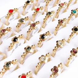 Wedding Rings wholesale 30pcs/lot Plum Blossom Colorful Rhinestone Little Gold Ball Stainless Steel Rings Exquisite Women Wedding Jewelry gift 231214