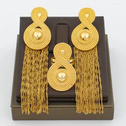 Halsbandörhängen Set African Dubai Gold Color Jewelry for Women 8 Shape Design Tassel and Ring Party Bridal Bohemia Jubileum
