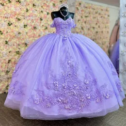 Lavendel Glanzende Prinses Quinceanera Jurken Baljurk Schoudervrij Tule Applicaties Kant Sweet 16 Jurken 15 Anos Mexicaanse