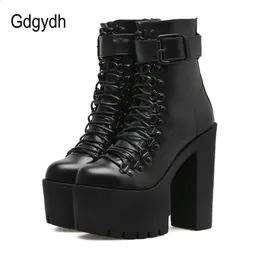 Botas Gdgydh Moda Motocicleta Bota De Couro Primavera Outono Fivela De Metal Sapatos De Salto Alto Zíper Preto Tornozelo Mulher Lacing 231214