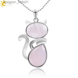 Pendant Necklaces CSJA Reiki Natural Stone Necklaces Pink Quartz Pendants for Women Girl Cute Cat She Rock Black Onyx Beads Chain Jewelry F066L231215