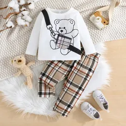 Set di abbigliamento Set di abbigliamento per bambini 6-36 mesi Set di maglietta a maniche lunghe con orso dei cartoni animati e set di pantaloni a righe 231215