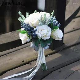 結婚式の花Janeviniヴィンテージ白い花嫁介添人花束人工絹ローズ小さな花束花嫁