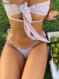 Kvinnors badkläder absobe blommor kontrast snörning axelbandslös bikini set kvinnor badkläder sexig utskuren baddräkt hottie outfit sommarlovet strandkläder t231215