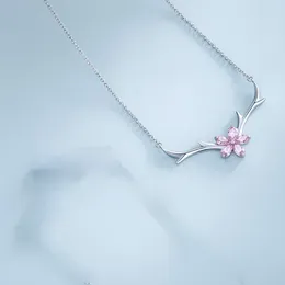 Anhänger Halsketten Japanische Mode Versilbert Elchgeweih CZ Rosa Kristall Kirschblüten Charme Frauen Hochzeit Verlobungsschmuck