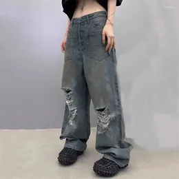 Jeans da donna 2023 pantaloni di cotone effetto invecchiato vintage autunno 2023 moda coreana a vita bassa con gamba dritta