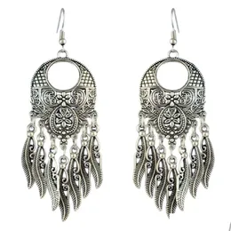 Dangle Avize Bohemian Moda Retro Sier Alaşım Oyma Çiçek Yaprağı Tassel Damla Küpeler Düğün Partisi Takı Teslimat DHVI7