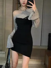 アーバンセクシードレスディープタウンY2Kコケットセクシーなコルセットドレス女性韓国スタイルオフショルダーロングフレアスリーブミニボディコーンドレス女性231215
