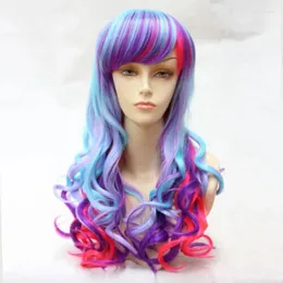 Peruca feminina longa multicolorida encaracolada cabelo ondulado festa completa