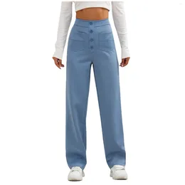 Women's Pants 2023 Women Casual Straight Leg With High Waist Button Elastic Business Work Multiple Pockets Ropa De Mujer