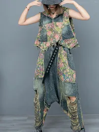 Calças femininas de duas peças streetwear denim moda conjunto feminino verão personalizado na moda com capuz sem mangas colete cintura elástica calças cruzadas