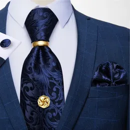 Галстуки на шею, роскошный синий цветочный узор пейсли для мужчин, свадебный галстук, носовой платок, запонки, кольцо и набор кнопок, подарок DiBanGu 231214
