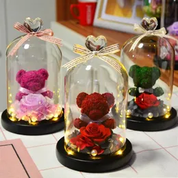 Decorative Flowers & Wreaths Eternal Preserved Rose Lovely Teddy Bear In Heart Glass Dome With Led Light Wedding Home Decor Mother248e