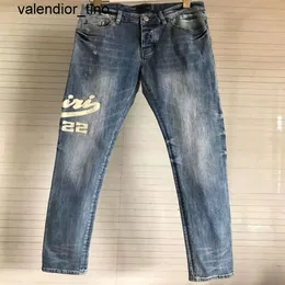 Yeni 2023 Erkek Kot pantolon yıkama yırtık moda marka detay diz siyah mektup nakış ince motosiklet kadınlar vintage denim jean pantolon