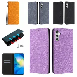 Läderplånbokfodral för Samsung A35 A55 A15 S24 Plus Ultra A05S Redmi 13C Intryck Flower Retro Ethnic Style Suck Magnetic Closure ID Card slot Holder Flip Cover Pouch