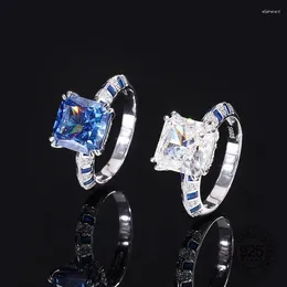 Cluster Rings Luxary 925 Sterling Silver Square Shape Blue Sapphire Cut High Carbon Diamond Zircon Women Ring