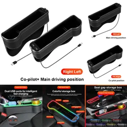 Eletrônicos automotivos LED colorido para carregamento USB para assento de carro Caixa de armazenamento para fenda de assento Organizador coletor de bolso com carregador rápido USB duplo Suporte para telefone