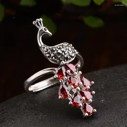 Cluster Rings S925 Opening Ring Female Retro Wind Inlaid Pomegranate Red Mark Stone Elegant Peacock