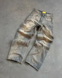 Jeans masculinos 2023 americano na moda gótico retalhos borda crua bordada cintura alta retro solto abotoado perna larga calça 231214