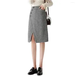 Faldas de lana de pata de gallo para Mujer, faldas de tubo de cintura alta adelgazantes de longitud media con abertura, Otoño Invierno 2024