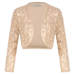 Donna in pelle ecopelle GRACE KARIN Bolero da donna con paillettes manica a 3/4 aperto sul davanti corto coprispalle per abito elegante da donna in pizzo scintillante giacca corta da festa A3 231215