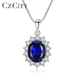 Czcity zarif oval prenses Diana William Sapphire Kolye Kolye Kadınlar için 100% 925 STERLING Gümüş Takım Kolye Takı MX260V