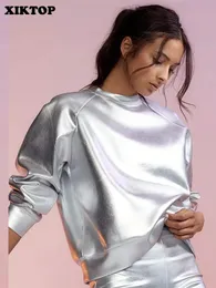 여성 S 스웨터 Xiktop Silver T 셔츠 여성 가을 ​​가을 2023 년 패션 일치 단단한 여성 의류 기본 승무원 넥 탑스 스트리트 펑크 231214