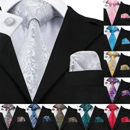 Cravatte C1169 Set di cravatte da uomo floreali Argento Bianco Jacquard Seta Fazzoletto da taschino Gemelli 85 cm Classico per uomo Corbatas 231214