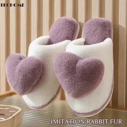 Pantoufles Techome Femmes Tongs Imitation Fourrure De Lapin Chaud Pour L'hiver Satin Diapositives Femelle Intérieur Mignon Coeur Maison En Peluche 231216