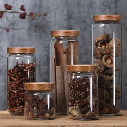 Wood Lid Glass Airtight Canister Kitchen Storage Bottles Jars Container Grains Coffee Beans Grains Candy Jar Containers188t