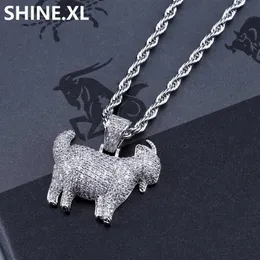 Hip hop gelado para fora animal cabra pingente colar banhado a ouro prata micro pavimentada zircão elo de corrente com corda chain306v