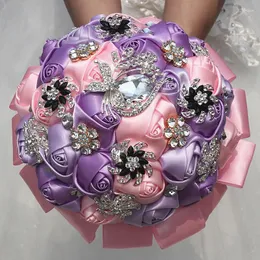 Flores de casamento rosa roxo buquês pérolas cristal artificial doce 15 quinceanera acessórios w2293