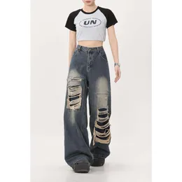 Y2K coreano retro foro riparazione jeans uomo e donna 2023 nuovo stile americano High Street pantaloni larghi dritti lavabili a gamba larga