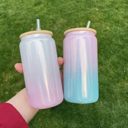 Sublimação 16oz glitter gradiente vidro pode tumbler criativo lantejoulas forma garrafa com tampa e palha verão drinkware mason jar ju298f