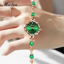 الساعات النسائية Square Meibin 2023 Women Wathes Small Green Dial Luxury Brand Rhinestone Ladies Wrist Watches Women Bracelet Rose Gold Watchesl231216