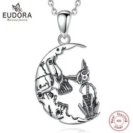 المعلقات Eudora sterling sier sier moon cat necklace for women's man's styps skull cat pendant hight halloween gift