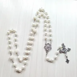 White Acrylic Pearl Long Catholic 14K White Gold Necklace Cross Pendant Rosary Necklace Religious Jewelry