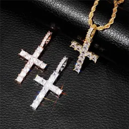 Hip hop gelado zircão baguette cruz pingente com 4mm tênis corrente jóias masculinas ouro prata quadrado cz diamante colar220q