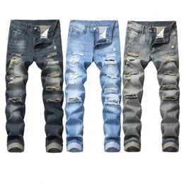 Män s jeans smala fit denim byxor byxor nostalgiska trasiga märke rippade mode rak män hip hop tiggare manliga hål ljusblå 231215