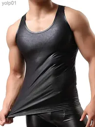 Erkek Tişörtler S-5XL Yüzsüz Tank Üstü Sahte PU Deri Erkekler Vücut İnşa Giysileri Scle Shirt Fitness Üstler Sıkı Seksi Sıcak Dişiriciler Tanktop Bodyl231216