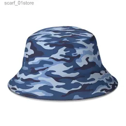 Breda breim hattar hink hattar blå camo fototryck kamouflage armé färg hink hatt för kvinnor män studenter fällbara bob fiskare hattar panama c Autumnl231216
